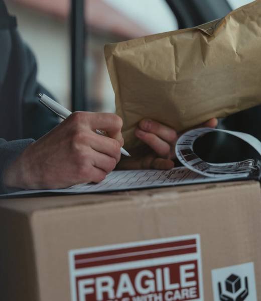 Close-up of a courier writing on a clipboard with a fragile package inside a vehicle.