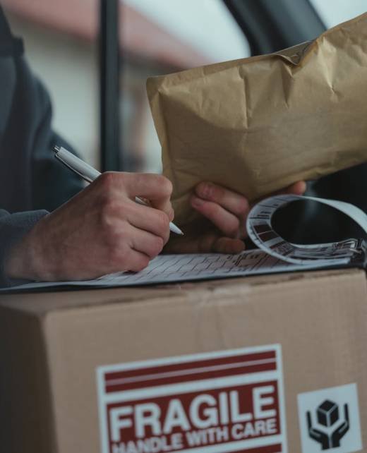 Photo by Tima Miroshnichenko Close-up of a courier writing on a clipboard with a fragile package inside a vehicle.